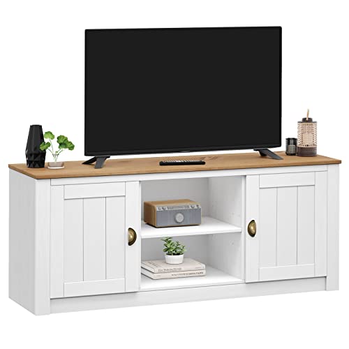 IDIMEX TV Lowboard Bolton aus Kiefer Massivholz, TV Bank im Landhausstil mit 2 Türen und Muschelgriffen, Lowboard aus Kiefer, Massivholz lackiert in weiß/braun von IDIMEX