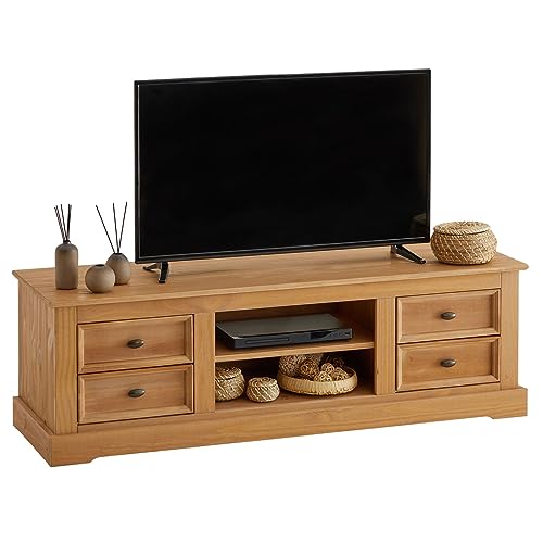 TV-Lowboard Kent, schöner Fernsehschrank aus Kiefer massiv gebeizt/gewachst, praktisches HiFi-Möbel mit 4 Schubladen, attraktives Sideboard mit Zwei Nischen von IDIMEX