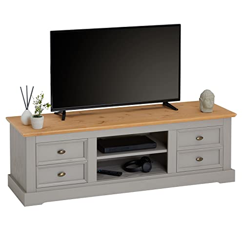 IDIMEX TV-Lowboard Kent, schöner Fernsehschrank aus Kiefer massiv in grau/braun, praktisches HiFi-Möbel mit 4 Schubladen, attraktives Sideboard mit Zwei Nischen von IDIMEX