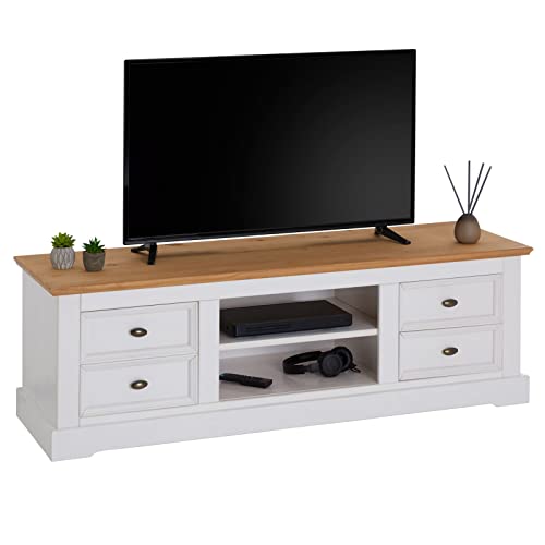 TV-Lowboard Kent, schöner Fernsehschrank aus Kiefer massiv in weiß/braun, praktisches HiFi-Möbel mit 4 Schubladen, attraktives Sideboard mit Zwei Nischen von IDIMEX