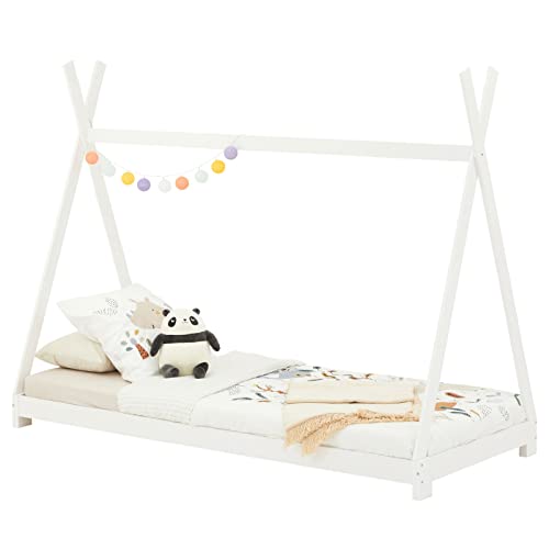 IDIMEX Tipi Bett ELIN aus massiver Kiefer in 90 x 200, Kinder Hausbett mit Dach, modernes Indianer Spielbett für Kinder, weiß lackiert von IDIMEX