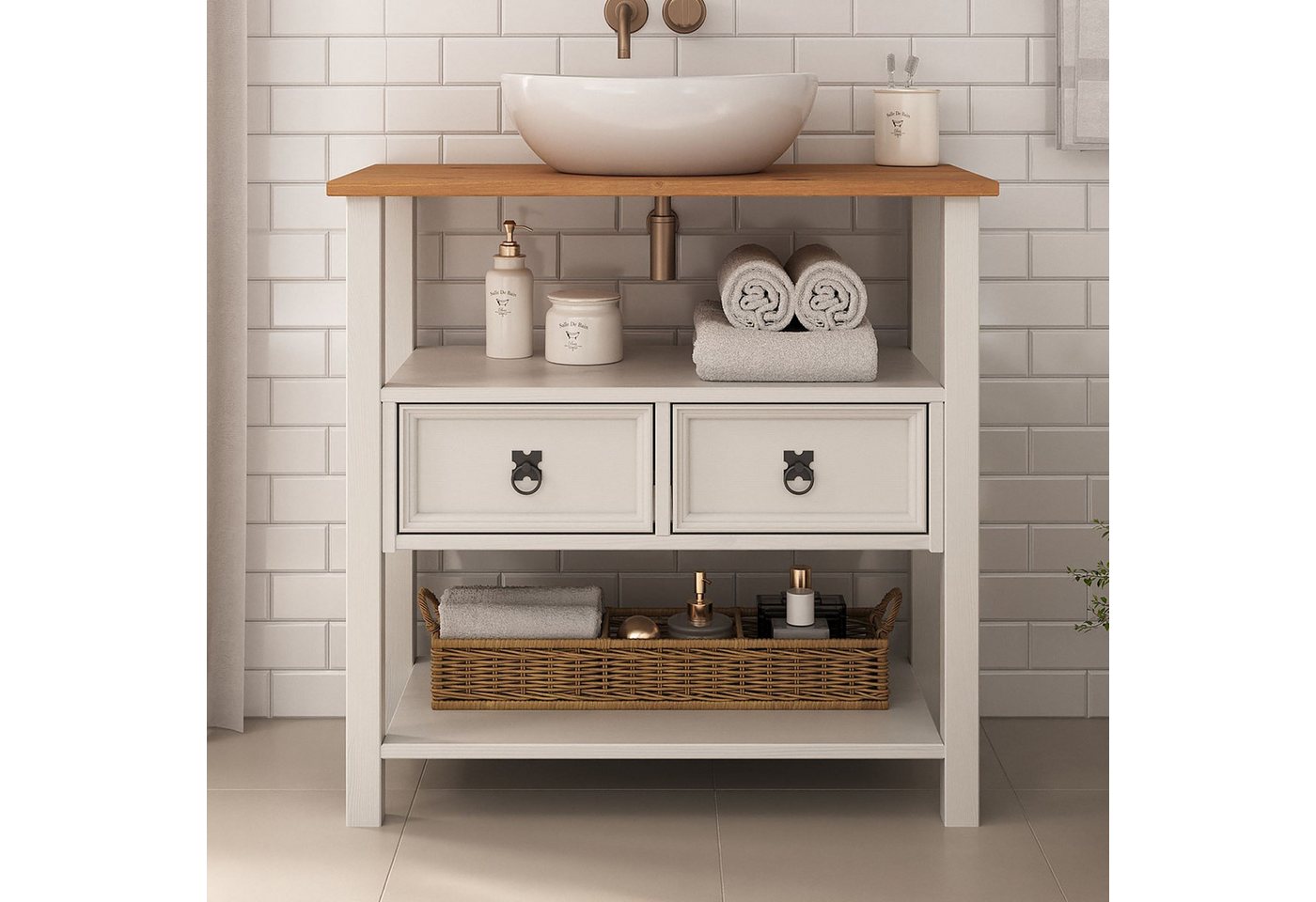 IDIMEX Waschbeckenschrank TEQUILA Waschtisch mit 2 Schubladen und Ablage Massivholz Landhausl weiß/eiche IDIMEX Waschbeckenschrank TEQUILA Waschtisch mit 2 Schubladen und Ablage Massivholz Landhausl weiß/eiche von IDIMEX
