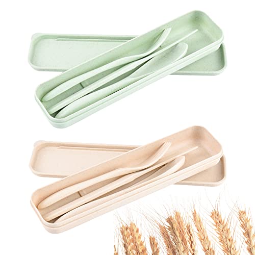 2 Sets Plastik Besteck Set, tragbare Camping Besteck Sets, Reisebesteck Utensilien Set für Lunchbox, Reisen, Picknick, Camping oder den täglichen Gebrauch im Freien (Beige und Grün) von IDISON