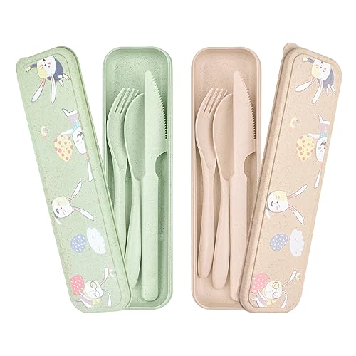 2 Sets wiederverwendbares Reisebesteck mit Etui, Kunststoff-Reisemesser-Gabel-Löffel-Sets, tragbares Kaninchen-Besteck-Set für Picknick-Arbeit-Schule-Büro-Mittagessen, spülmaschinenfest (Beige & Grün) von IDISON