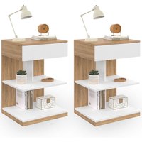 2er-Set Nachttische TOMI 1 Schublade und 2 Regale in Buchenholzoptik und Weiß von IDMARKET