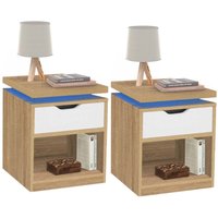 Idmarket - 2er-Set Nachttische luna mit leds 1 Schublade mit Nische Buche und Weiß von IDMARKET