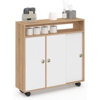 Beistellschrank Aufbewahrungsmöbel mit Rollen Badezimmer TOMI Buchenstruktur weiße Platte von IDMARKET