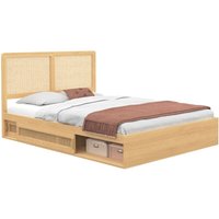 Doppelbett edhen mit Stauraum + Kopfteil aus Rohrgeflecht und Lattenrost 140 x 190 cm in Holzfarbe von IDMARKET