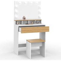 Idmarket - Frisierkommode zelia in Weiß und Buche mit LED-Spiegel, 4 Nischen, 1 Schublade und Hocker von IDMARKET