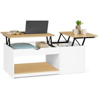 Couchtisch mit zwei hochklappbaren Platten eyla mit Holzkasten in Weiß und Buchenholzoptik von IDMARKET