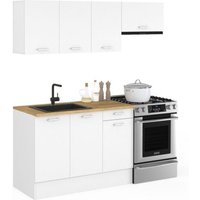 Komplettküche 180 cm subtil mit 5-teiliger Arbeitsplatte in Weiß und Holzplatten von IDMARKET
