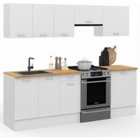 Idmarket - Komplettküche 240 cm subtil mit 7-teiliger Arbeitsplatte in Weiß und Holzplatten von IDMARKET