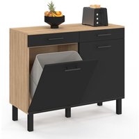 Küchenbuffet mit Abfalleimer 100 cm CINA Arbeitsplatte H.83 cm 2 Türen + Schubladen in Buchenholzoptik und Schwarz von IDMARKET