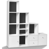 Treppenförmiges Aufbewahrungsmöbel liam 4 Ebenen aus weißem Holz + Tür/Schubladen weißer Hintergrund grau von IDMARKET