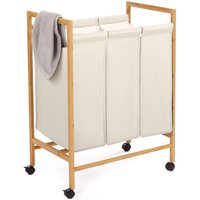 Wäschekorb mit 3 Fächern aus Bambus RITA Stoff écru mit Rollen von IDMARKET