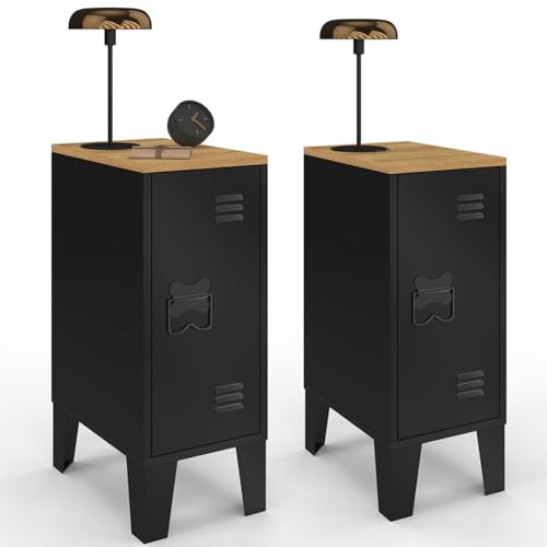 IDMarket - 2 Nachttische Ester, 1 Tür, Metall, Schwarz, Platte in Buche-Optik, industrielles Design von IDMarket