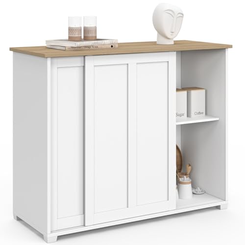 IDMarket - Anrichte 100 cm Jango 2 Schiebetüren weiß und Holzplatte von IDMarket