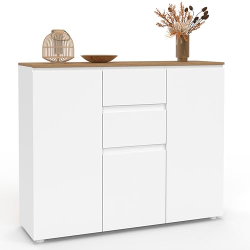 IDMarket - Anrichte 100 cm Toby 3 Türen 2 Schubladen weiß und Holzplatte von IDMarket