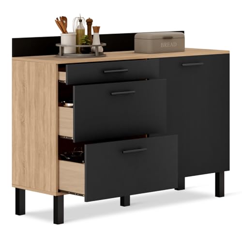 IDMarket - Anrichte für die Küche, 120 cm, Arbeitsplatte, Höhe 83 cm, 1 Tür + 3 Schubladen, Buche und Schwarz IDMarket - Anrichte für die Küche, 120 cm, Arbeitsplatte, Höhe 83 cm, 1 Tür + 3 Schubladen, Buche und Schwarz von IDMarket