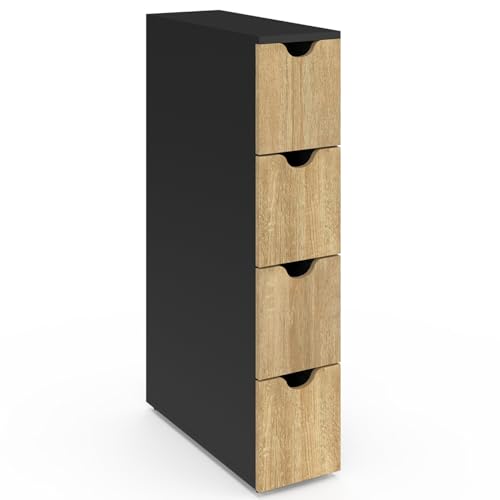 IDMarket - Lagerturm mit 4 Schubladen WILO auf Rollen, platzsparende Säule, schwarz und Buchenoptik von IDMarket
