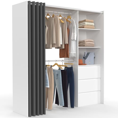 IDMarket - Ausziehbarer Kleiderschrank MARTY 120/170 x 50 x 180 cm weiß mit 3 Schubladen + Einlegeböden + Doppelschrank + Vorhang grau von IDMarket