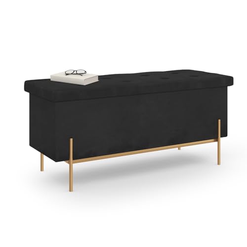 IDMarket - Bank Truhe Louis mit Füßen aus vergoldetem Metall, 100 cm, Samt, Schwarz von IDMarket