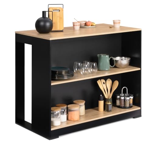IDMarket - Bartisch Insel Juno Holz schwarz und Tischplatte in Buche-Optik von IDMarket
