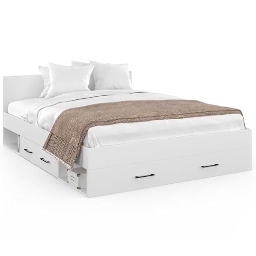 IDMarket - Doppelbett Minea mit Schubladen + Nischen zur Aufbewahrung + Kopfteil und Lattenrost, 140 x 190 cm, Weiß von IDMarket