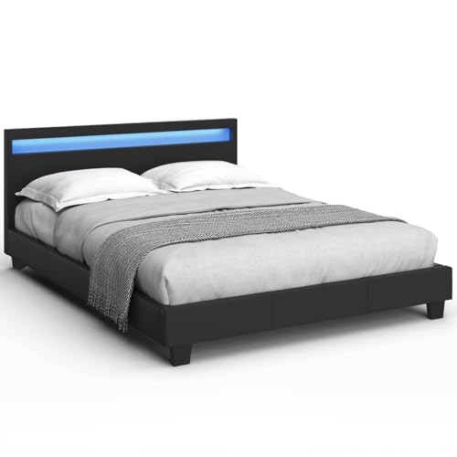 IDMarket - Doppelbett Neo mit integriertem LED-Kopfteil und Lattenrost, 140 x 190 cm, PVC, Schwarz von IDMarket