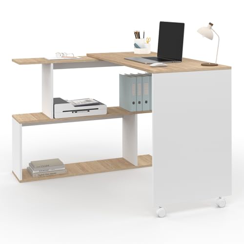 IDMarket - Eckschreibtisch, drehbar, 180 °, Joy Regal, S-Form, Holz, Buche-Optik, Weiß von IDMarket
