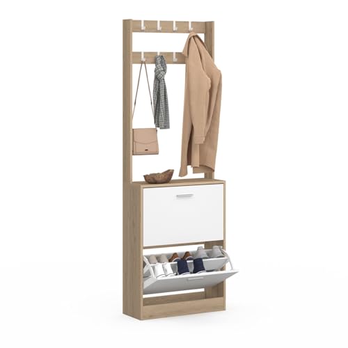 IDMarket - Eingangsgarderobe KLARK Schuhschrank 2 Türen Holzoptik und Weiß von IDMarket