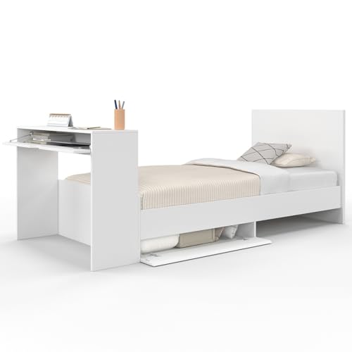 IDMarket - Einzelbett Omaha 90 x 190 cm mit Lattenrost, Kopfteil, Schreibtisch und Stauraum, weiß von IDMarket