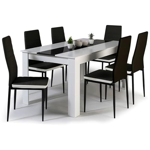 IDMarket - Esstisch-Set Georgia 140 cm weiß und schwarz und 6 Stühle Roman schwarz mit weißem Rand von IDMarket