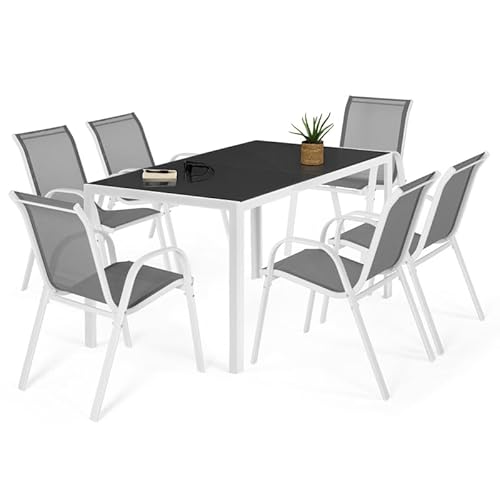 IDMarket - Gartenmöbel Madrid Tisch 150 cm und 6 Stapelstühle, weiße Struktur, Platte grau von IDMarket