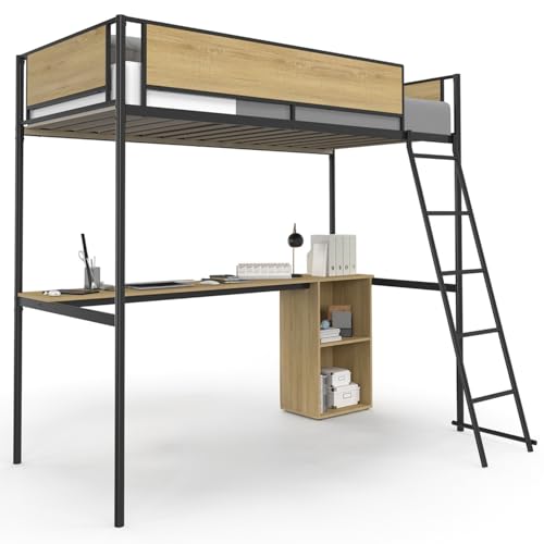 IDMarket - Hochbett, Einzelbett, Detroit mit Schreibtisch und Stauraum, 90 x 190 cm, Industriedesign von IDMarket
