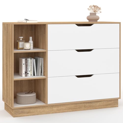 IDMarket - Kommode mit 3 Schubladen und 3 Nischen Oxana Buche und Weiß von IDMarket