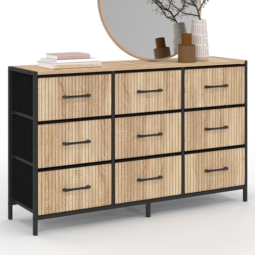 IDMarket - Kommode mit 9 Schubladen aus Stoff, Utah, 115 cm, Latten-Effekt, Aufbewahrungsmöbel, Industriedesign von IDMarket