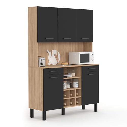 IDMarket - Küchenanrichte, 120 cm, CINA 5 Türen + Schubladen + Flaschenregal in Buche-Optik und Schwarz von IDMarket