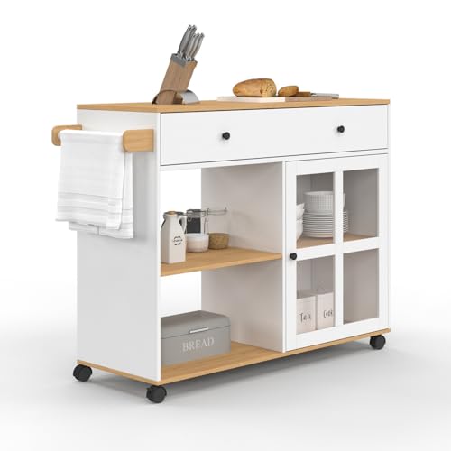 IDMarket - Küchenwagen ACHILLE XXL mit Regal und Schrank verglast, Holz und Weiß, L 100 cm von IDMarket