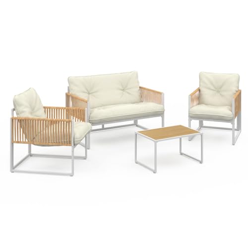IDMarket - Lounge-Set Rio 4-Sitzer, Metallstruktur, weiß, Seil in Rattan-Optik und beigefarbene Kissen von IDMarket