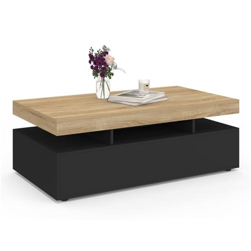 IDMarket - Rechteckiger Couchtisch Elsa mit 2 Schubladen aus schwarzem Holz und Platte in Buche-Optik von IDMarket