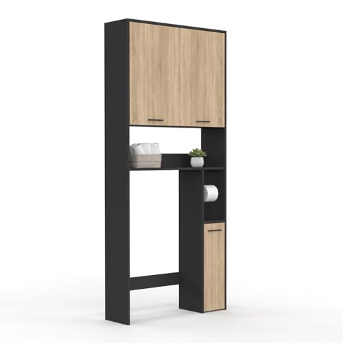 IDMarket - Regal oben WC, Badezimmerschrank Badschrank, Wallis schwarz und Holz in Buchenoptik von IDMarket