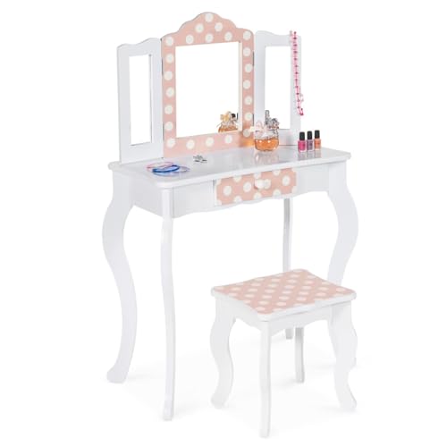 IDMarket - Schminktisch für Kinder Roza weiß und rosa mit 3 Spiegeln und Hocker von IDMarket