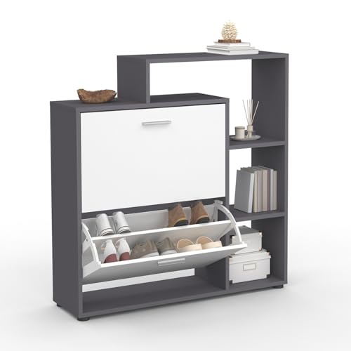 IDMarket - Schuhschrank KLARK 12 Paar grau 2 weiße Türen mit Ablage von IDMarket
