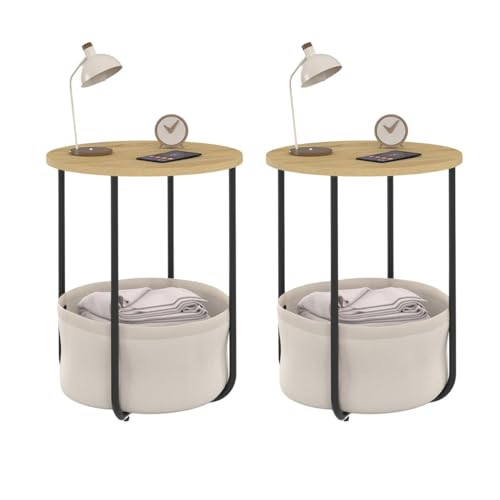 IDMarket - Set mit 2 Nachttischen, Beistelltischen, Sofa-Ende Detroit rund mit Korb aus Stoff, industrielles Design von IDMarket