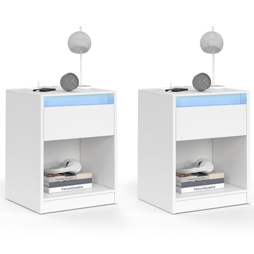 IDMarket - Set mit 2 Nachttischen TED mit LEDs, mit Ladestation, 1 Schublade und Nische von IDMarket