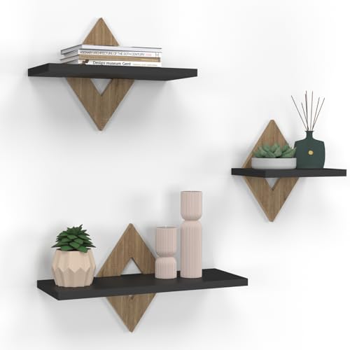 IDMarket - Set mit 3 Wandregalen Iris in Buche-Optik und Schwarz von IDMarket
