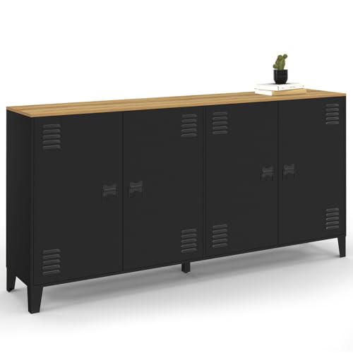 IDMarket - Sideboard, 160 cm, Ester, 4 Türen, aus Metall, Schwarz, Holzplatte, industrielles Design IDMarket - Sideboard, 160 cm, Ester, 4 Türen, aus Metall, Schwarz, Holzplatte, industrielles Design von IDMarket