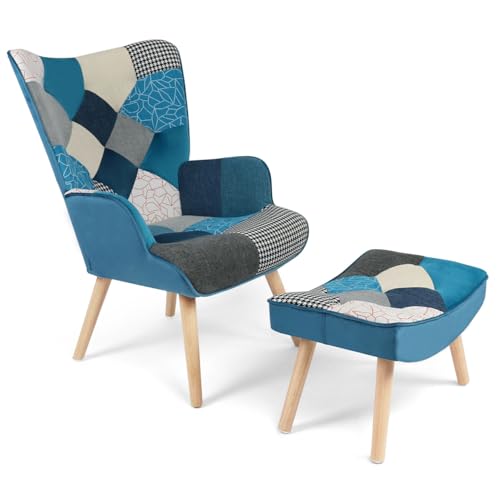IDMarket - Skandinavischer Sessel Ivar mit Fußstütze aus Patchworkstoff und blauem Samt IDMarket - Skandinavischer Sessel Ivar mit Fußstütze aus Patchworkstoff und blauem Samt von IDMarket