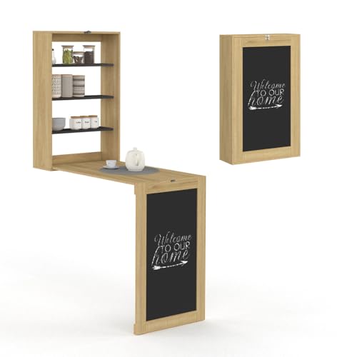 IDMarket - Wandtisch, klappbar, Macchia, mit Regalen und Kreidetafel, für 2 Personen, Holz und Schwarz von IDMarket